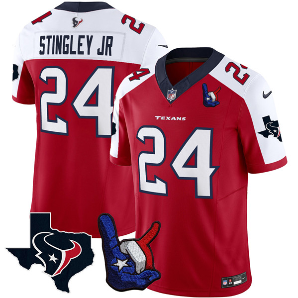 Men's Houston Texans #24 Derek Stingley Jr. Red/White 2023 F.U.S.E. With Hand Sign Throwing Up The H Patch Vapor Untouchable Limited Stitched Football Jersey